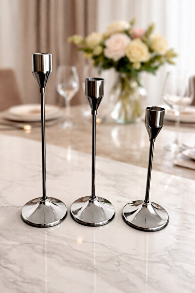 İlknur Home life 3 lü Gümüş Lüx Şamdan