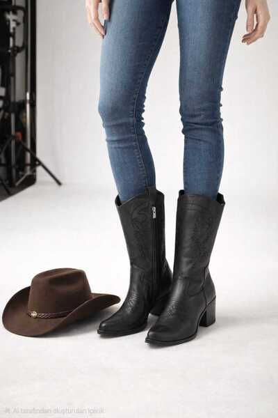 Melinta Shoes Melinta Kadın Siyah Deri Nakıışlı Kovboy Çizme