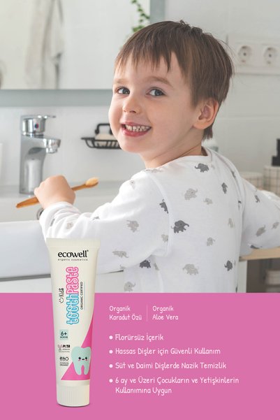 Ecowell Organik Çocuk Diş Macunu, Florürsüz, Vegan Sertifikalı, Karadut Özlü, 6 Ay Ve Sonrasına Uygun, 75 gr