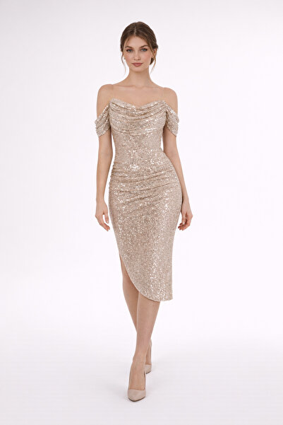 HOX'S Gisele Beige Midi βραδινό φόρεμα - παγιέτες, γιακάς Carmen, ασύμμετρη φ...