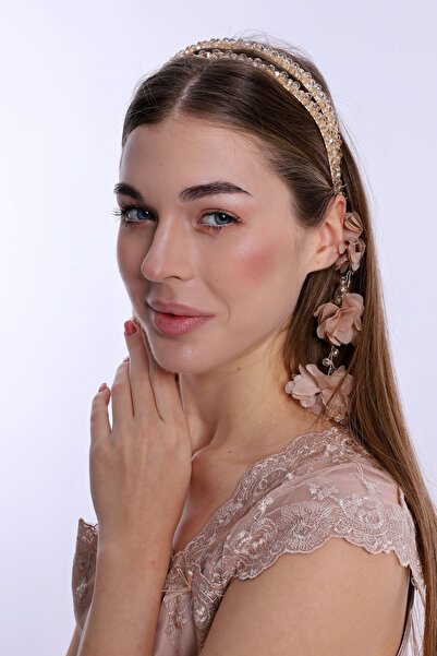 ByLohusa Coroana de maternitate cu perle albe cu cercei suspendati maro 1012