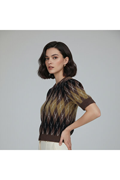 Qoolest Women's Brown Argyle Patterned Fluffy Short Sleeve College Style Knitwear Cardigan