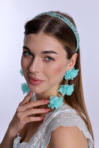 ByLohusa تاج الأمومة باللؤلؤ الأبيض مع أقراط متدلية باللون الفيروزي 1012