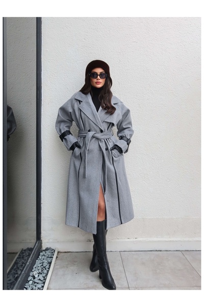 ESRAHELVACI Gray Leather Cuff Detail Cashmere Coat