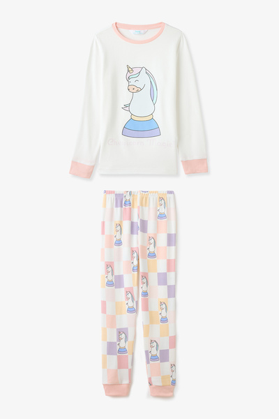 Penti Kırık Beyaz Kız Çocuk Chessicorn Unicorn DesenliUzun Kollu Pijama Takımı