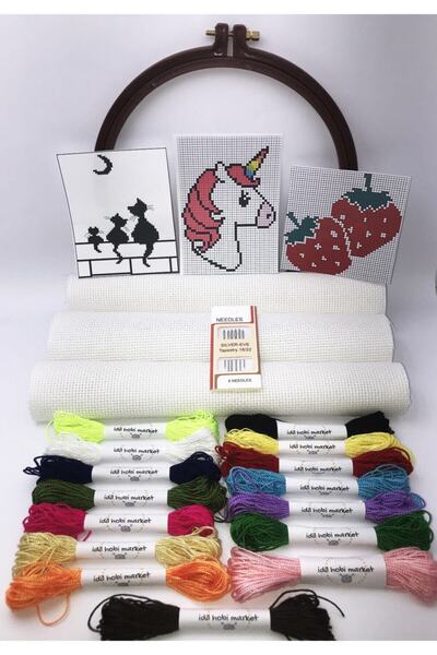 İDİL Kanaviçe Etamin Seti Model009- Çilek, Unicorn, Kedi