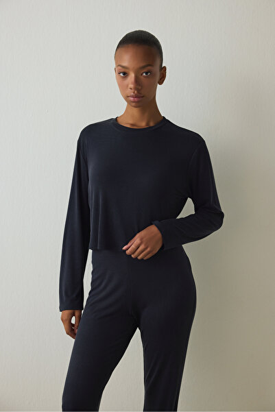 Penti Black Crew Neck Long Sleeve Corded Fabric Modal Loose Fit Crop Top