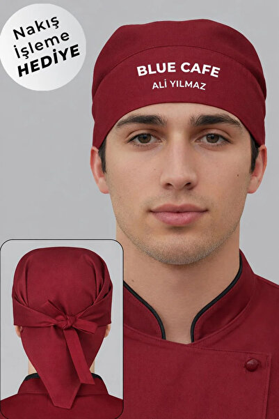Üniformanya İsim Hediyeli Bordo Şef Aşçı Bandana Chef Bonesi Mutfak Badana Şa...