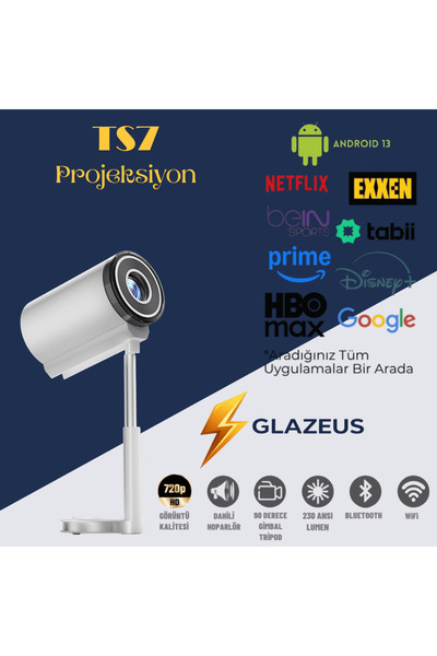 Glazeus TS7 Akıllı Projektör Android 13 Wifi Bluetooh 230 Ansi Gimbal Tripod