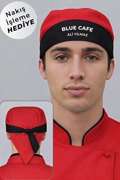 Üniformanya Black and Red Restaurant Chef Bandana with Name Gift Chef Bandana...