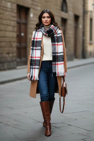 REMSA Μοντέλο 1263 Μαύρο σάλι ώμου με καρό σχέδιο - 60x180 cm