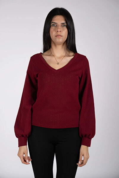 defys بلوزة نسائية ذات لون عنابي وياقة على شكل حرف V وأكمام بالون ذات ملمس ناعم