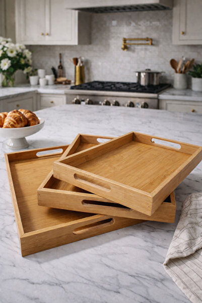 MAKRİ HOME 3'lü Dikdörtgen Bambu Tepsi Seti, Büyük: 29 x 41 cm, Orta: 26 x 37...
