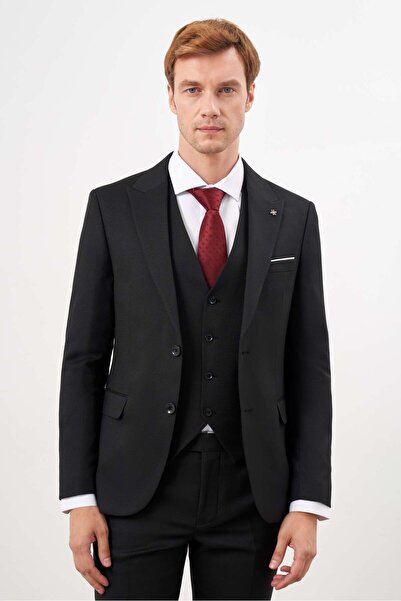 Morven Siyah Yelekli Jakarlı Slim Fit Dar Kesim 6 Drop Erkek Takım Elbise