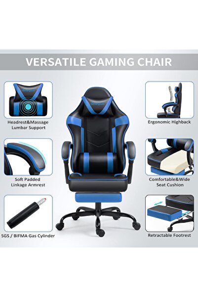 LAOBAN كرسي ألعاب مزود بخاصية التدليك ومسند للقدمين، كرسي كمبيوتر بوسادة مقعد...