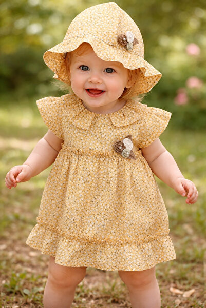 Capps Kız Bebek Çiçek Desenli Elbise Şapka Takım