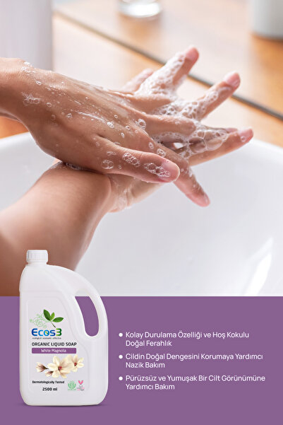 Ecos3 Organik Sıvı Sabun, Vegan Sertifikalı, Hassas Cilt, Ekolojik, Hipoalerjenik, Beyaz Manolya, 2500 ml