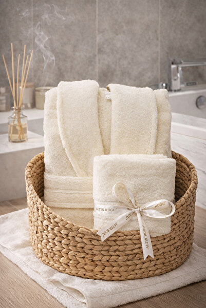 Özdilek Μοντέρνο σετ μπουρνούζι και πετσέτα κεφαλιού σε κρεμ χρώμα Şalyaka