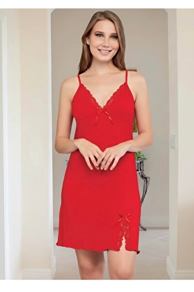 sahram Lingerie Kadın Dantel Detaylı İp Askılı Viskon Gecelik