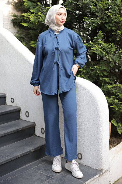 İmajButik بدلة كيمونو مع بنطلون مربوط من الأمام من إنديجو