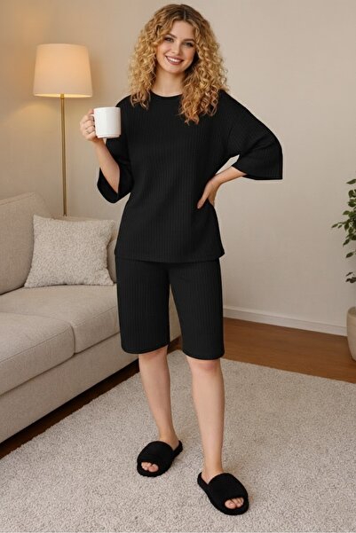 THEBEK Women's Home Wear Knitted Corded Fabric Shorts Set