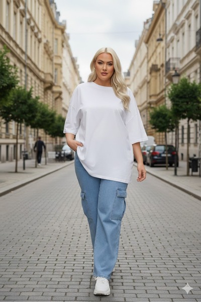 MADAM SHİLA White Crew Neck Wide Cut Comfortable Sleeve Compact Combed Cotton...