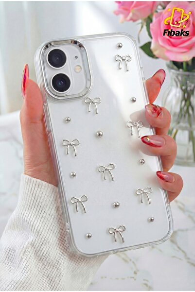 Fibaks Apple iPhone 16 Kılıf Fiyonk Desenli Şeffaf Simli Gümüş Kamera Çıkıntı...