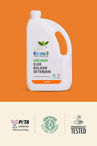 Ecos3 Organik Elde Bulaşık Deterjanı, Vegan Sertifikalı, Ekolojik, Hipoalerjenik, Aloe Vera’lı, 2.5 Lt