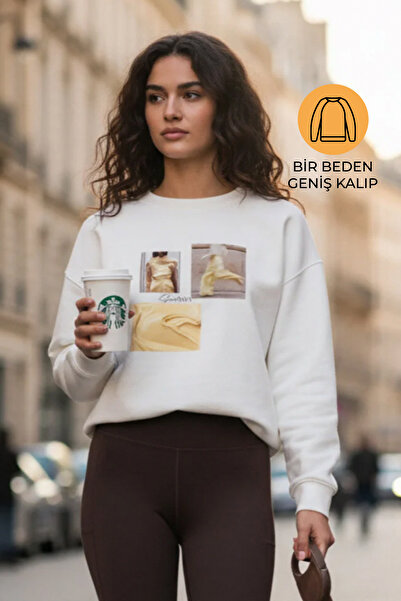 Amia&Co. Alb guler rotund cu căptușeală din fleece cu imprimeu supradimension...