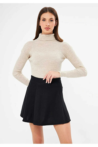 BİGÜMEX Μαύρο ζιβάγκο πλέξη ριμπ επένδυση fleece Slimfit ψηλό πουλόβερ