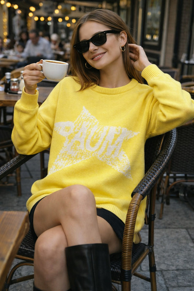 Get Crazy Unisex Star Patterned Oversize Crew Neck Knit Sweater