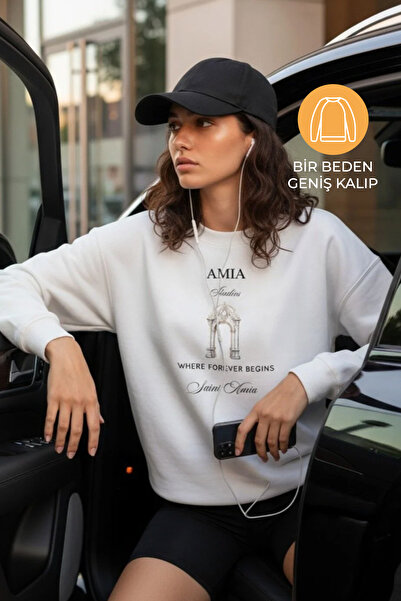 Amia&Co. Alb guler rotund cu căptușeală din fleece cu imprimeu supradimension...