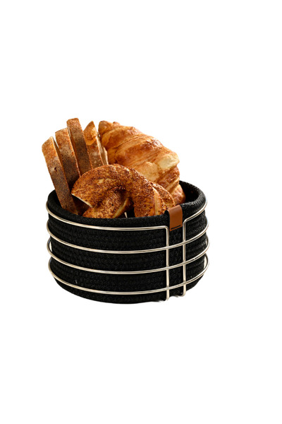 Edora Home Round Bread Basket - Stylish, Black Wicker, Macrame, Stainless Met...