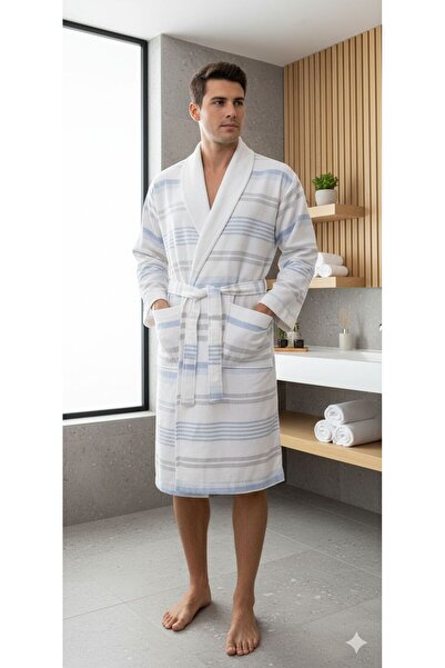 Coton Delux %100 Pamuklu Çizgili Peştemal Bornoz - Yetişkin