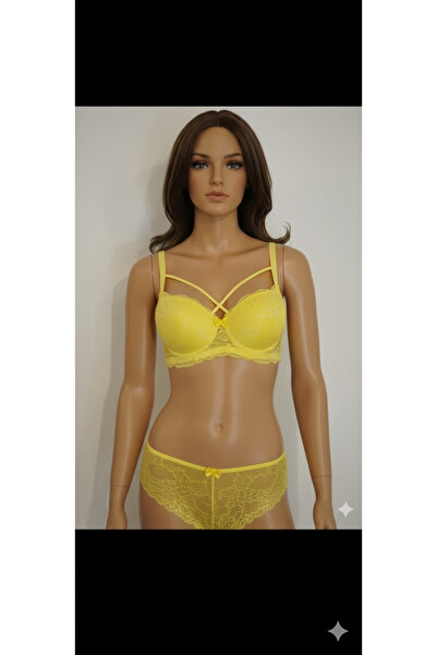 PALVİN Women's Yellow Lace Strappy Detailed Supported Underwire Bra Panty Set