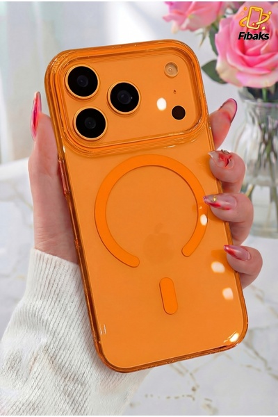 Fibaks حافظة ماج سيف لهاتف آيفون 17 برو، شفافة بلون برتقالي نقي، رقيقة وشفافة...
