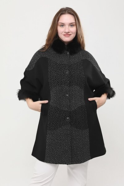 Laden Steel Knitwear Women's Wool Warm Sleeve Snap Fur Collar Black Plus Size...