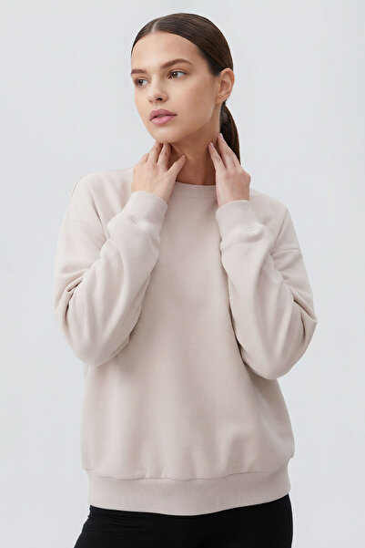 TOMMY LIFE Beige Basic O Neck Oversized Women's Sweatshirt - 97053