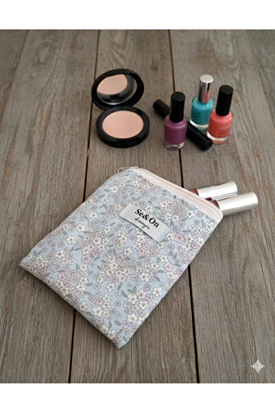 Se&On dizayn Mavi çiçek desenli beyaz fermuarlı astarli küçük cüzdan mini mak...