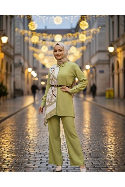 MEİLİN Oil Green Patterned Modal Tunic Pants Suit