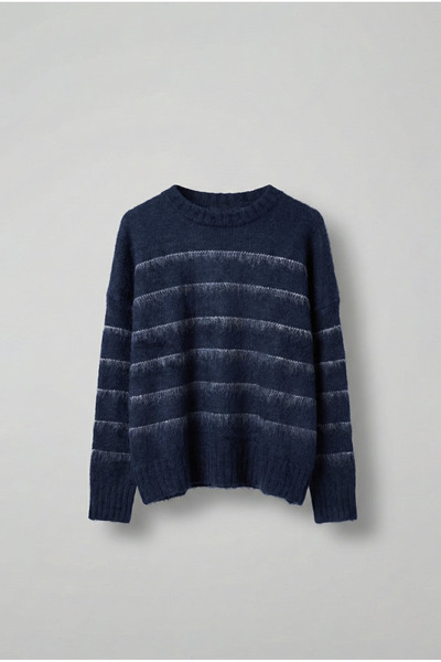 ablukaonline Erkek Oversize Çizgili Tüylü Triko Kazak Lacivert