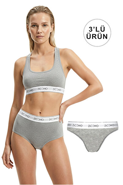 ZICCHO Βαμβακερό και Lycra Basic Grey Bustier-thong-σορτς 3 τεμαχίων Εσώρουχα