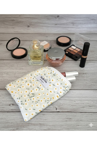 Se&On dizayn Papatya desenli beyaz fermuarlı astarlı kucuk cüzdan mini makyaj...
