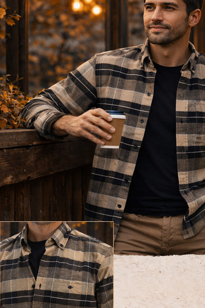 Varetta Erkek Kahverengi Kışlık Gömlek Kareli Cepli Geniş Kesim