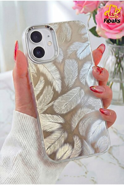 Fibaks iPhone 16 Kılıf Parlak Beyaz Yaprak Desenli Darbe Emici Kamera Korumal...