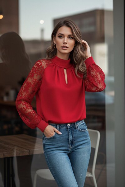 Mossta Sandy Blouse with Chest Window Detail, High Neck, Tulle Sleeves - Red