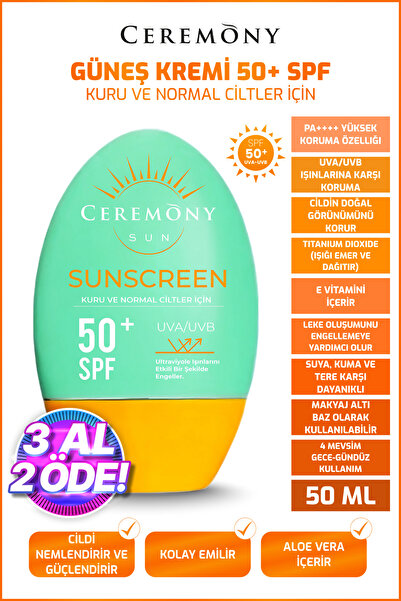 Ceremony UVA-UVB Yüksek Koruma Doğal Görünümlü Hızlı Emilen 50+SPF Güneş Krem...