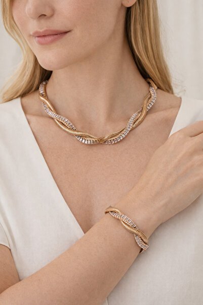 FA LORA TAKI Altın Kaplama Tasarım Baget Sıra Taşlı Çoklu Burgu Set