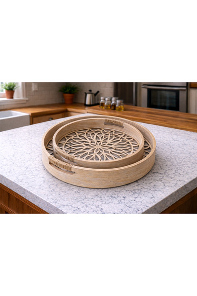 mood طقم من صينيتين خشبيتين للتقديم بقاعدة زجاجية ونقوش زخرفية مقطوعة بالليزر...