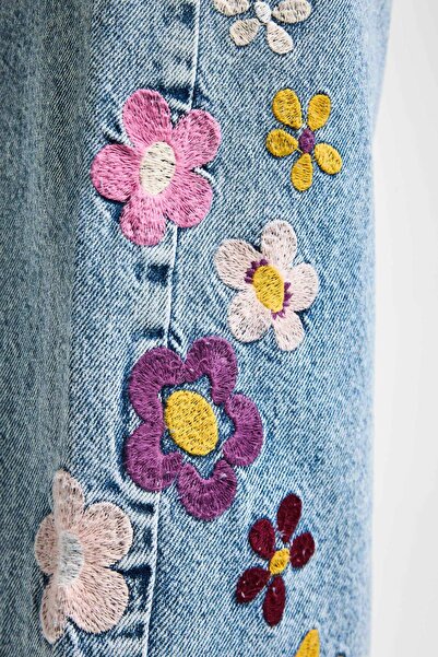 it's basic Kadın Snow Kot Rengi Çiçek Nakışlı Culotte Fit Tasarım Denim Jean